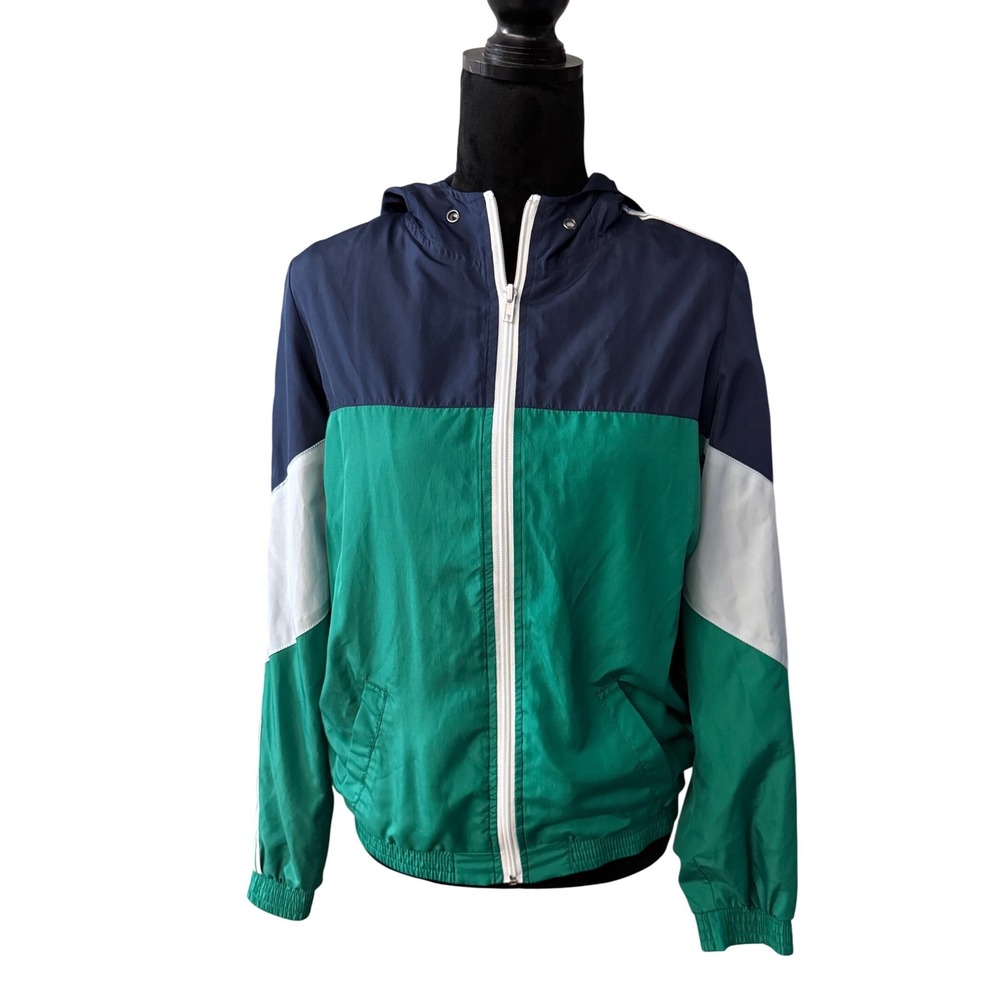 Zine Womens Medium Colorblock Windbreaker Jacket Navy Green White Hooded A3